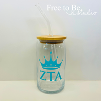 Sorority Glass Beercan Tumbler with Bamboo Lid and Glass Straw