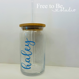 Personalized Glass Beercan Tumbler with Bamboo Lid and Glass Straw