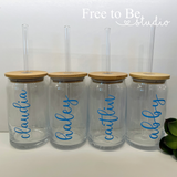 Personalized Glass Beercan Tumbler with Bamboo Lid and Glass Straw